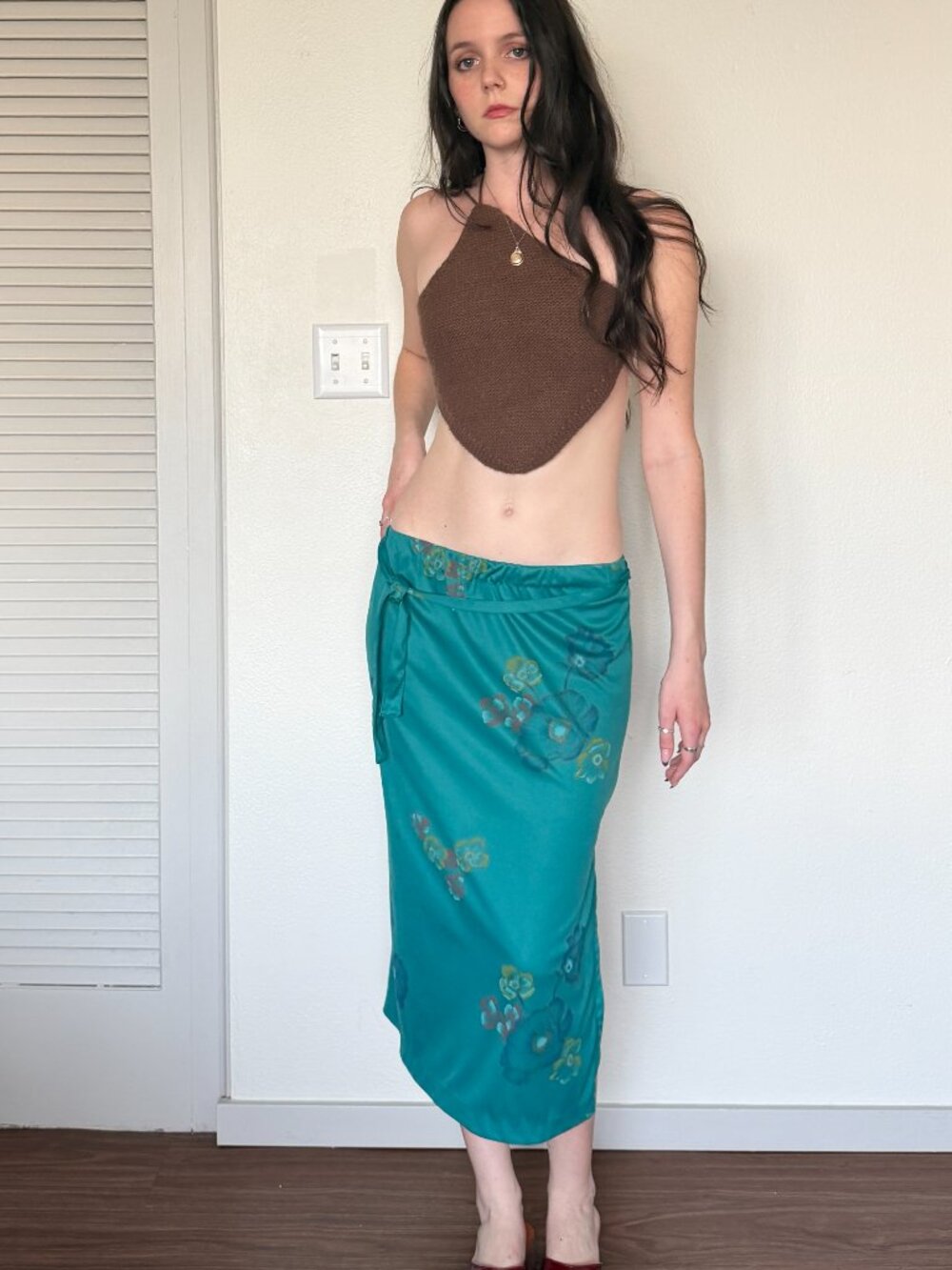 90s Floral Midi Skirt (M) medium blue teal vintage stretchy boho preppy indie